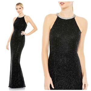 MAC DUGGAL Bugle Bead Halter Sheath Gown in Black Size US 4